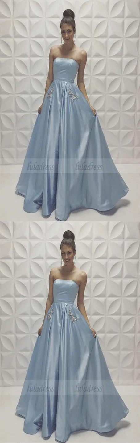 A-line Baby-Blue Sleeveless Strapless Beads Newest Prom Dresses