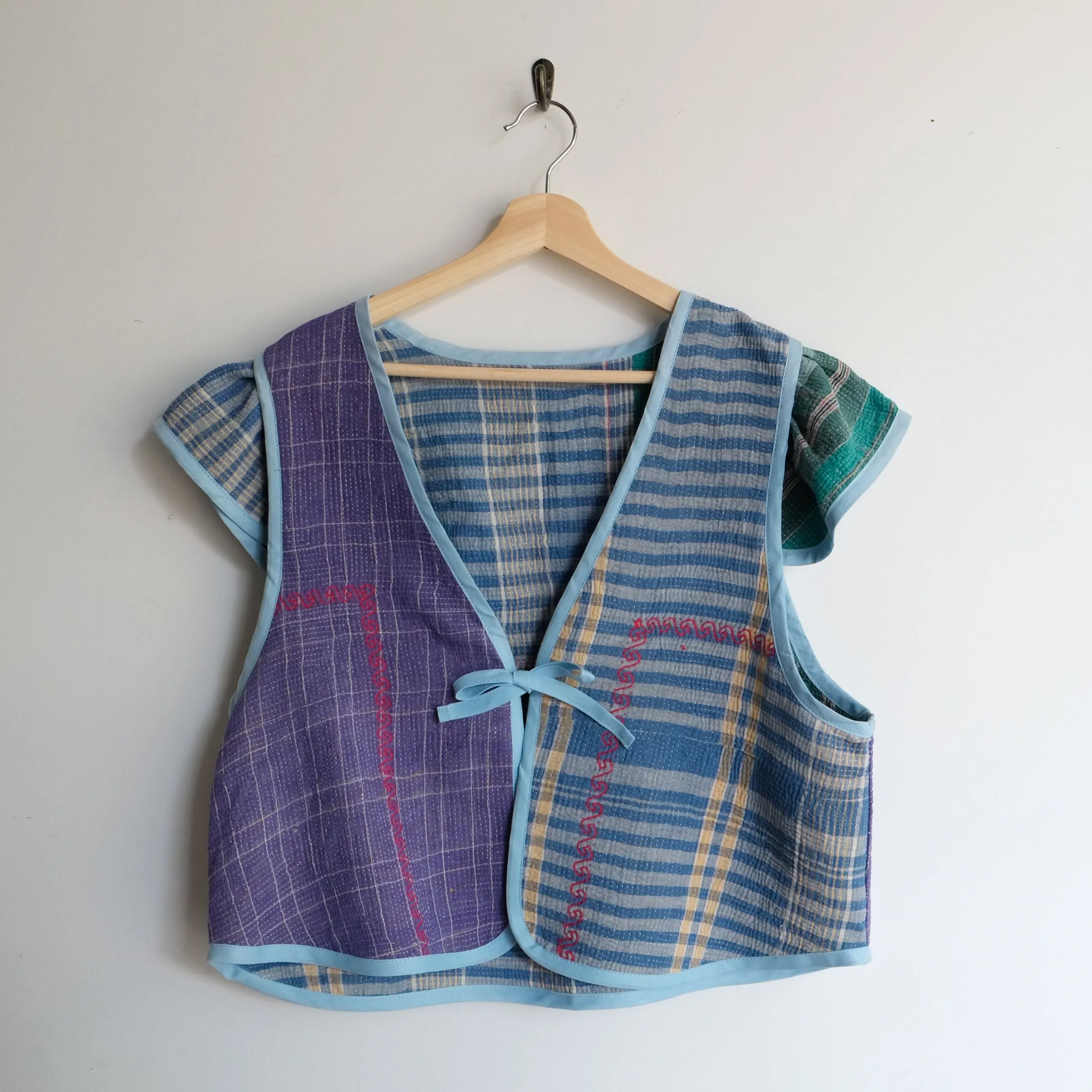 Amelia Flutter Sleeve Vest Blue Stripes and Purple with Red Embroidery XXL057