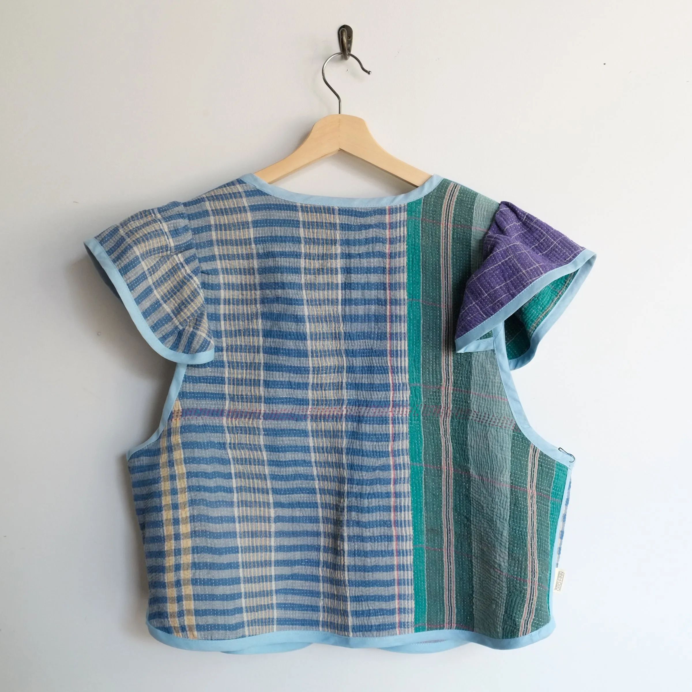 Amelia Flutter Sleeve Vest Blue Stripes and Purple with Red Embroidery XXL057