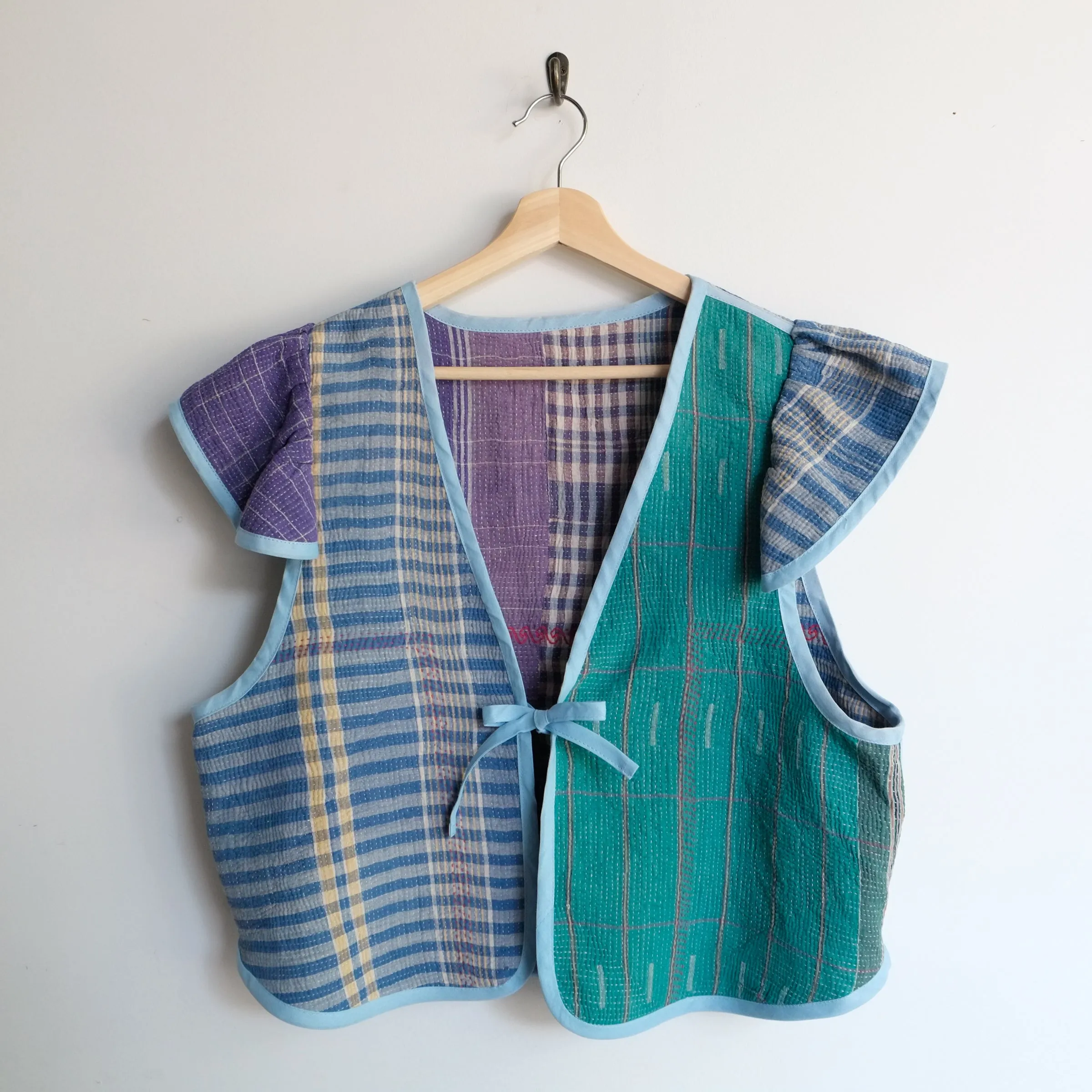 Amelia Flutter Sleeve Vest Blue Stripes and Purple with Red Embroidery XXL057