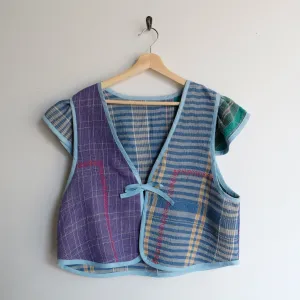 Amelia Flutter Sleeve Vest Blue Stripes and Purple with Red Embroidery XXL057