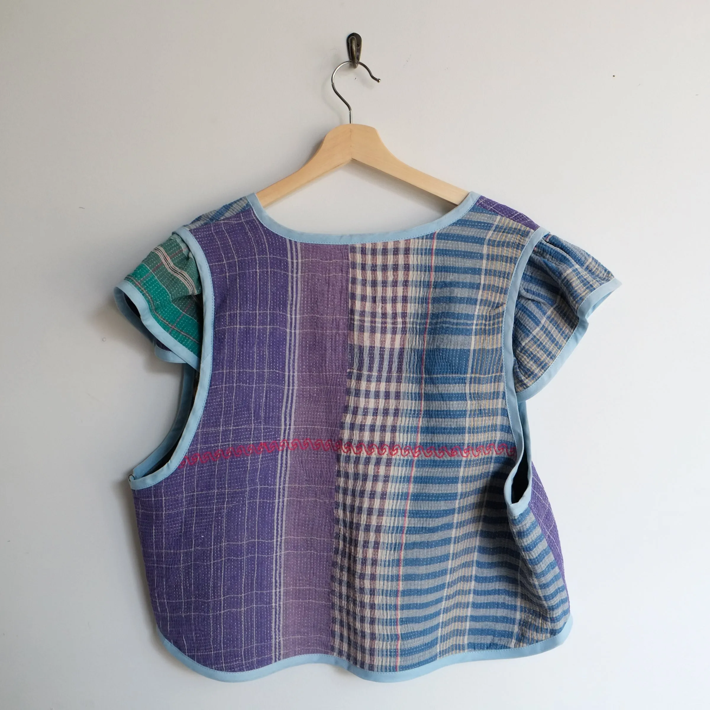 Amelia Flutter Sleeve Vest Blue Stripes and Purple with Red Embroidery XXL057