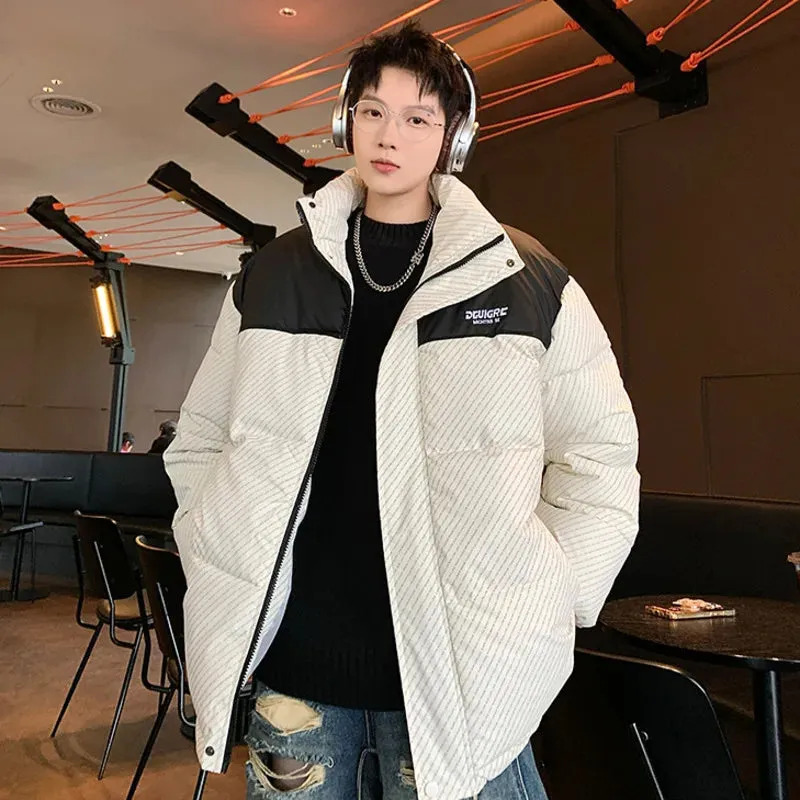 American Style Men's Cotton Jackets Stand Collar Patchwork Letter Printing Contrast Color Thick Male Padded Coats CPG2529