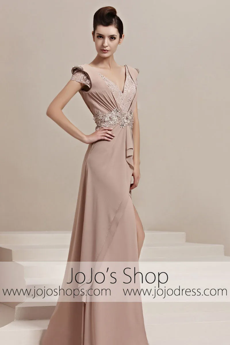 Short Sleeves V Neck Beige Graduation Stage Evening Cocktail Dress CX830102